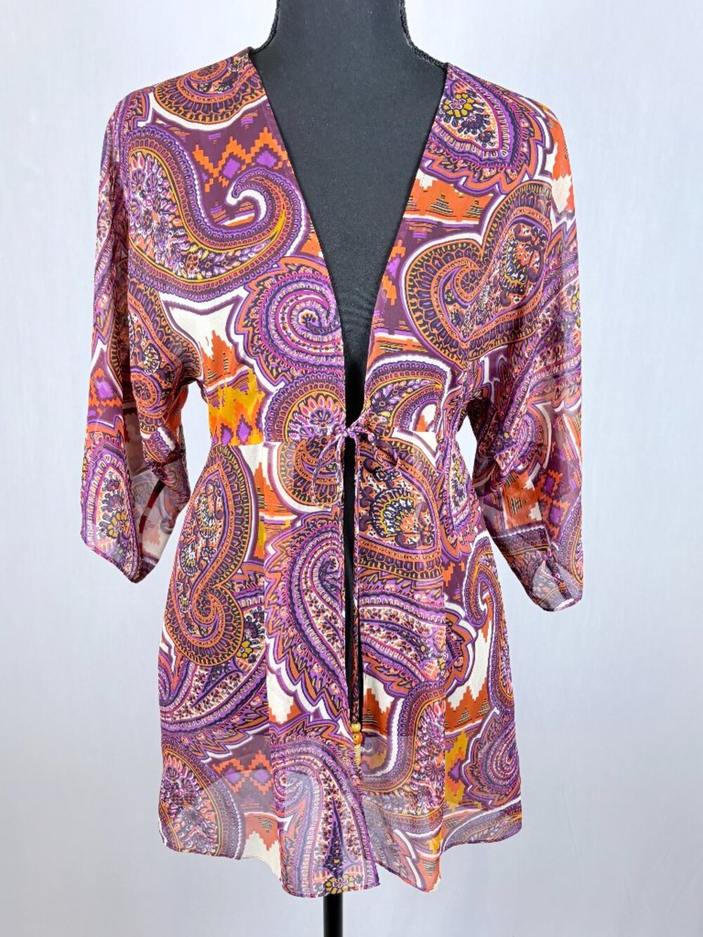 Cabi | Paisley Tie Front Kimono / Swimsuit Coverup | S | Boho Resort Funky